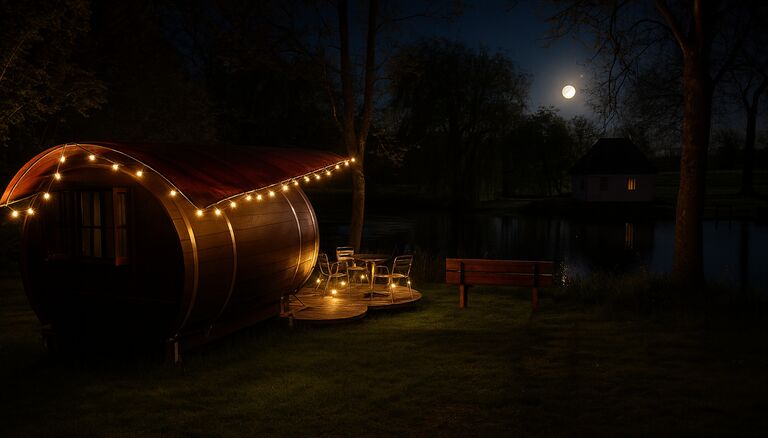 Das Schlummerfass von schräg-hinten im Dunkeln. Lichterkette am Dach, Lichter an den Stühlen