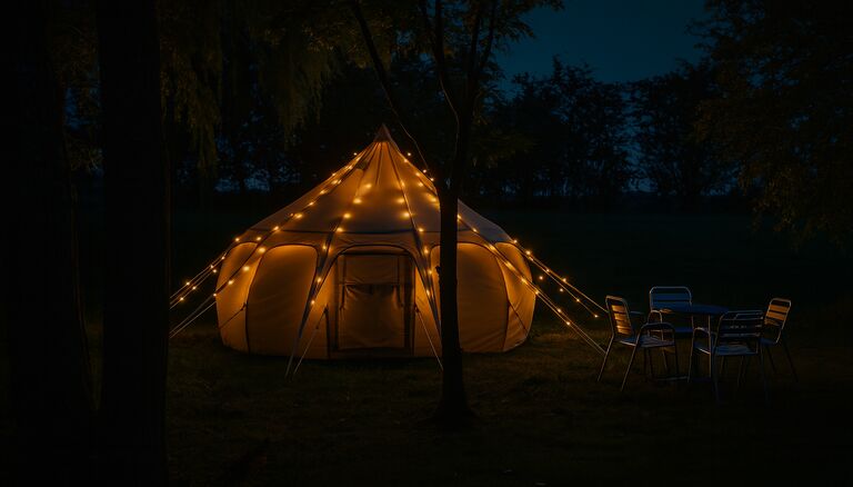 Sternenguckerzelt im Dunkeln, Lichterketten beleuchten es