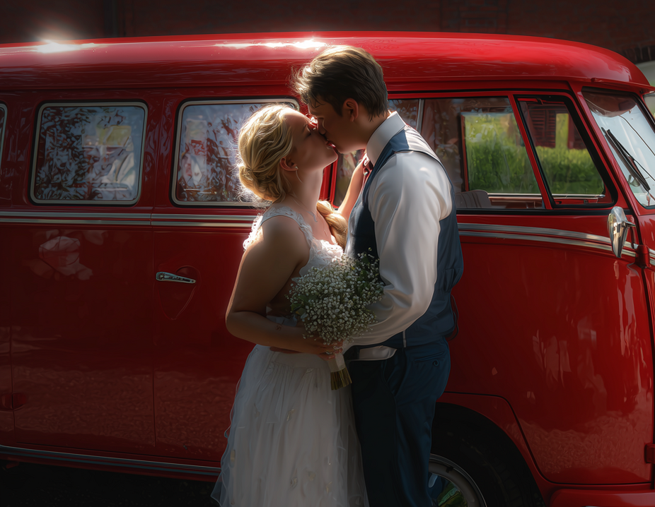 Hochzeitspaar küsst sich vor altem, roten VW-Bus.
